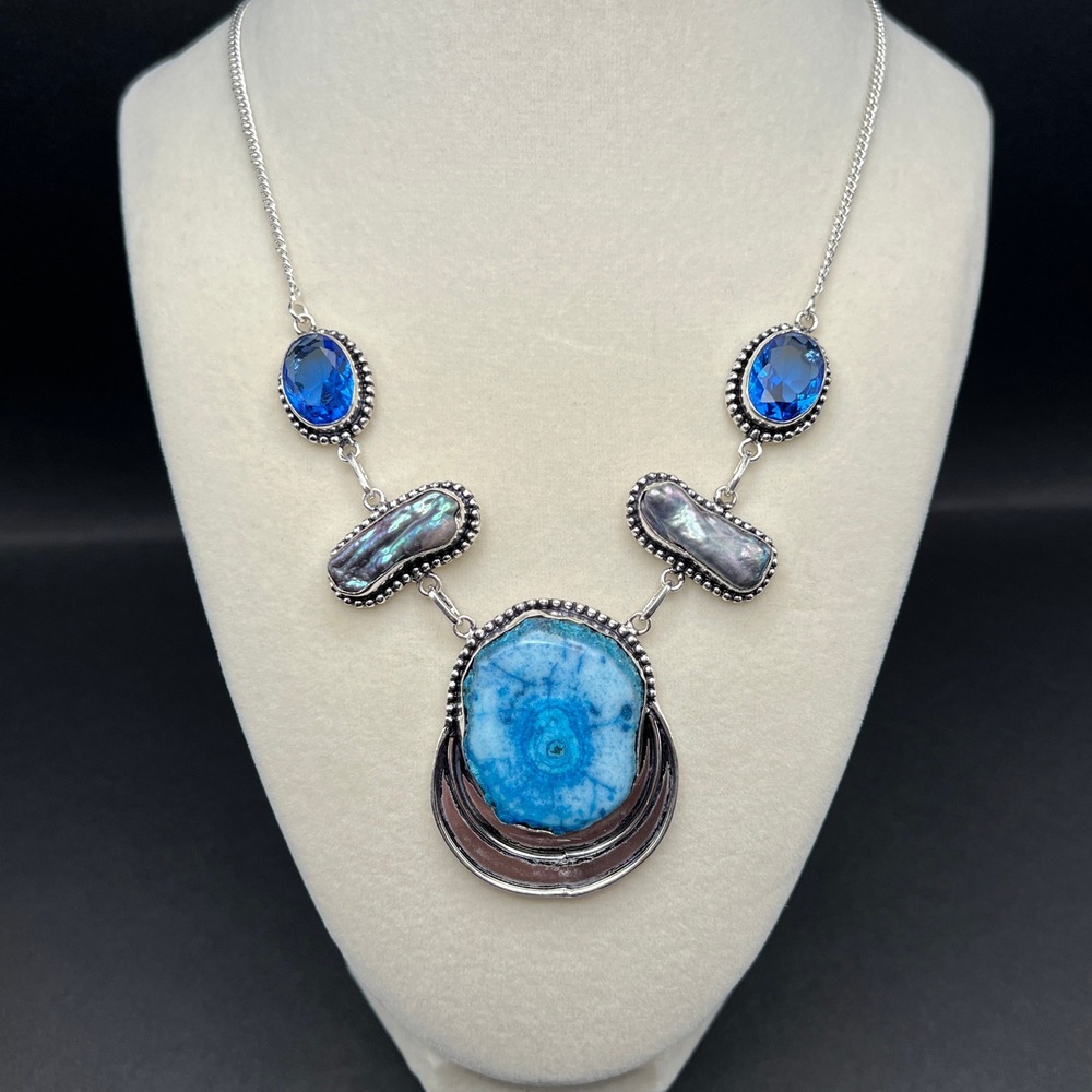Boho Solar Quartz Necklace Silver Tone Blue Peacock Pearls Eclectic Artisan 20"